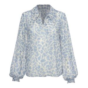 CAbi Blue and White Relaxed Bishop Sleeve Top
